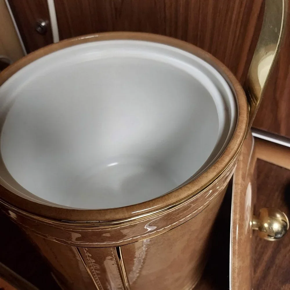 Vintage-Style Tan Ice Bucket with Gold Trim